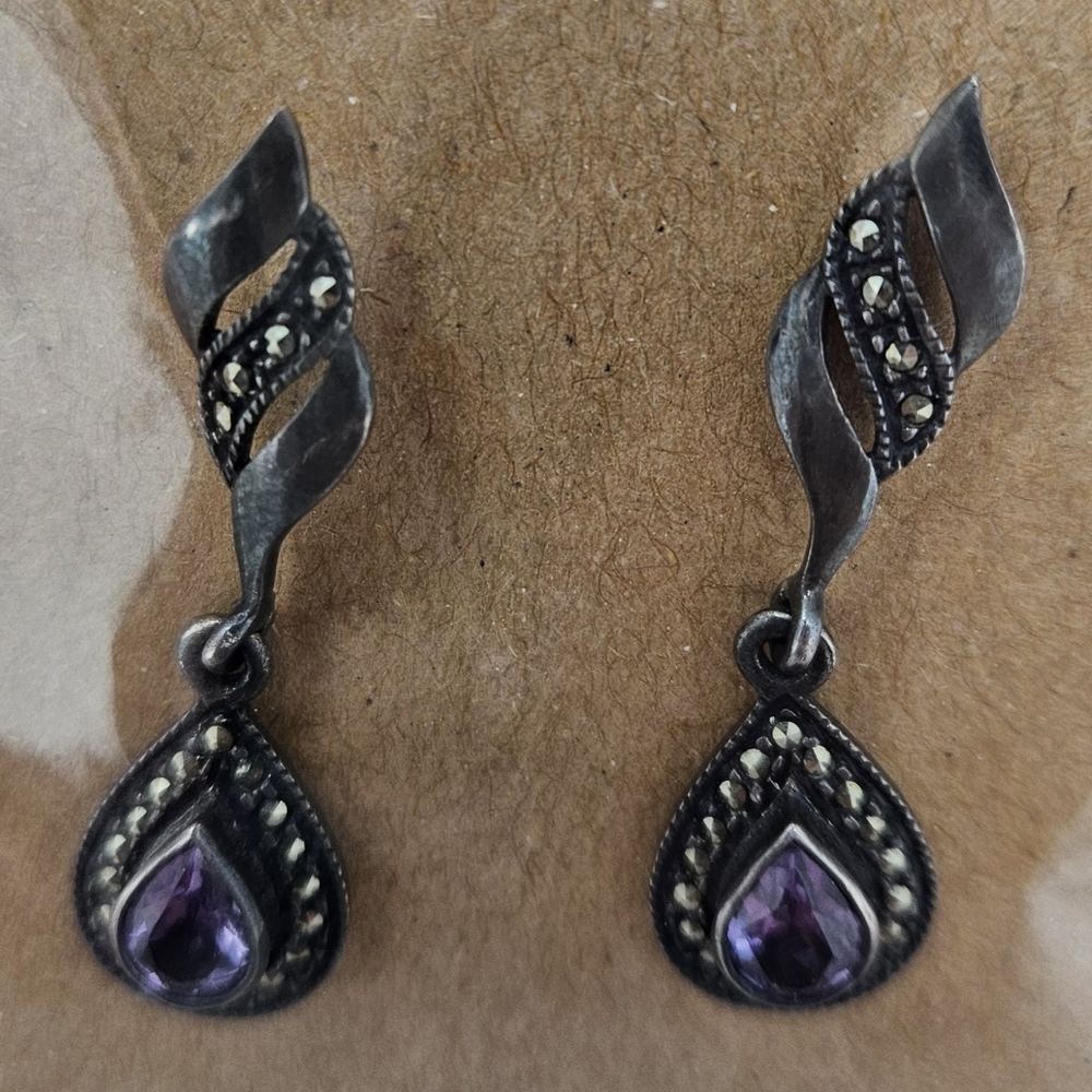Vintage Amethyst and Marcasite Dangle Earrings